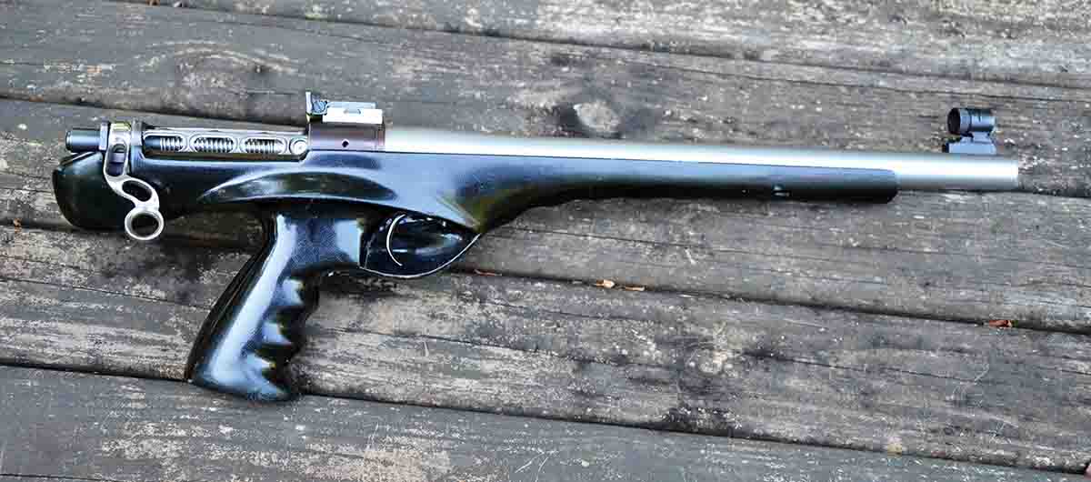When building this custom metallic silhouette pistol on the Remington XP-100 action, John Towle “Swiss-cheesed” its receiver and bolt in order to make the barrel as heavy as possible while staying within the required overall weight limit. Its fiberglass stock weighs only 9.6 ounces.